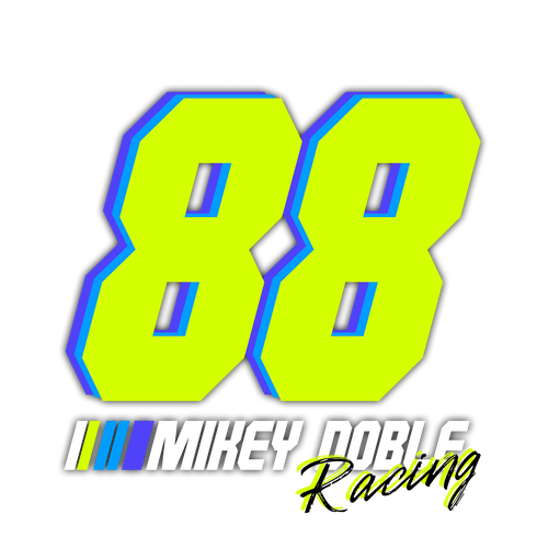 Number 88 logo in neon green with blue outline, “Mikey Doble Racing” in black.