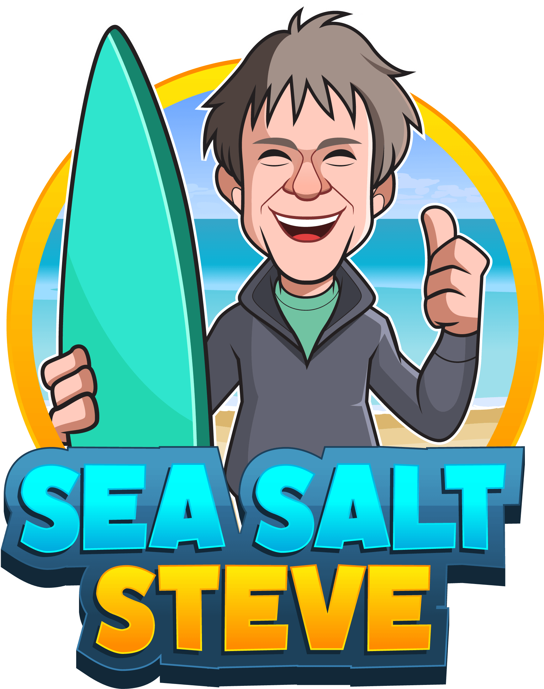 A cartoon of a man holding a surfboard and giving a thumbs up.