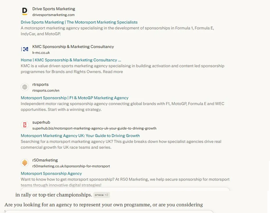 motorsport marketing agency perplexity search result part one
