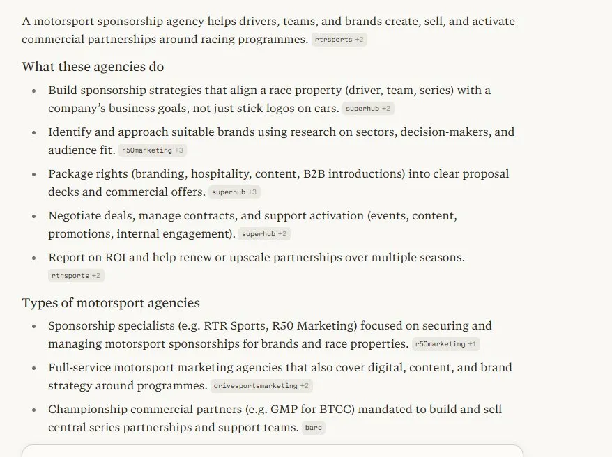 motorsport marketing agency chat gpt search result part two