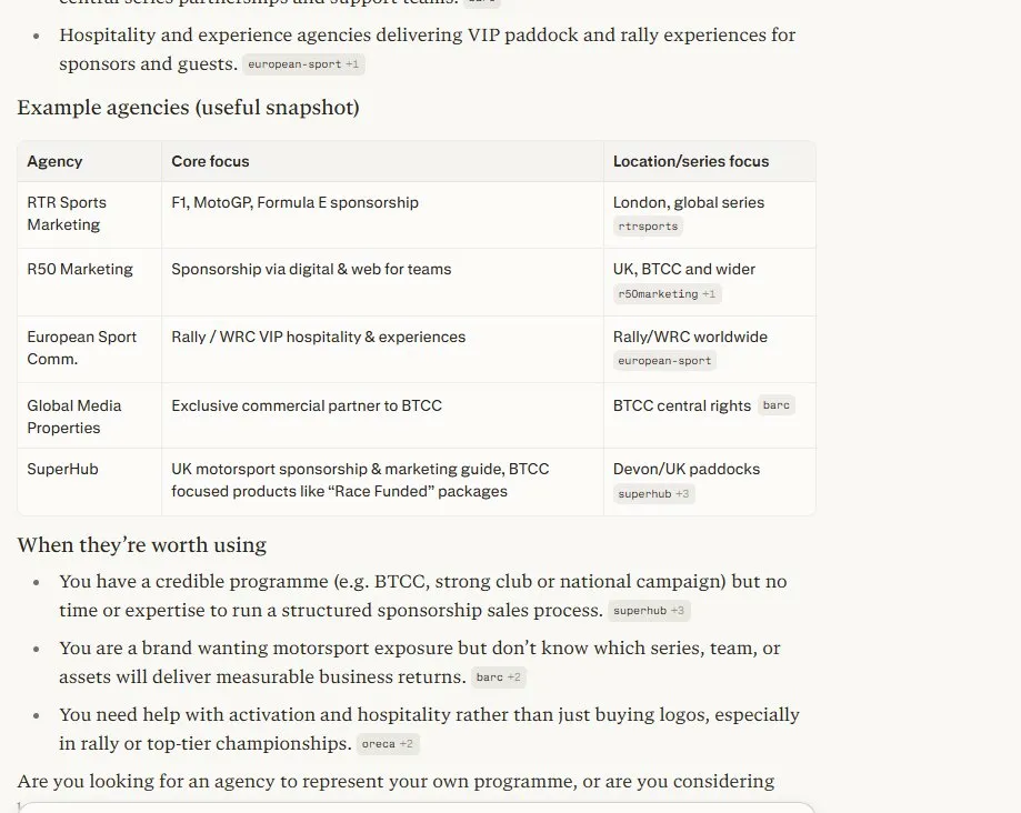 motorsport marketing agency ChatGPT search result part three