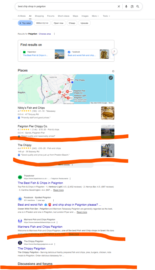 The Best Chip Shop in Paignton 1st page of google screenshot