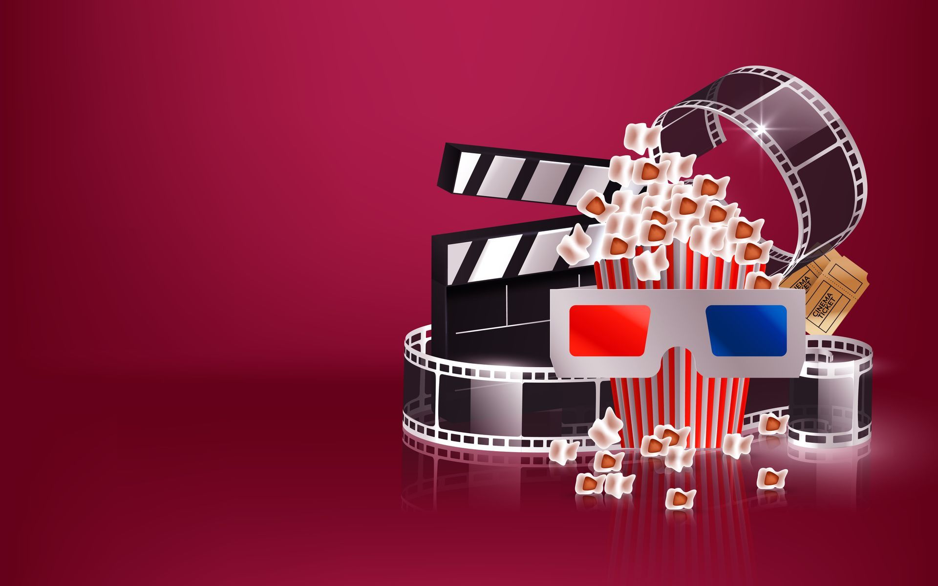 A bucket of popcorn , a clapper board , and 3d glasses on a red background.