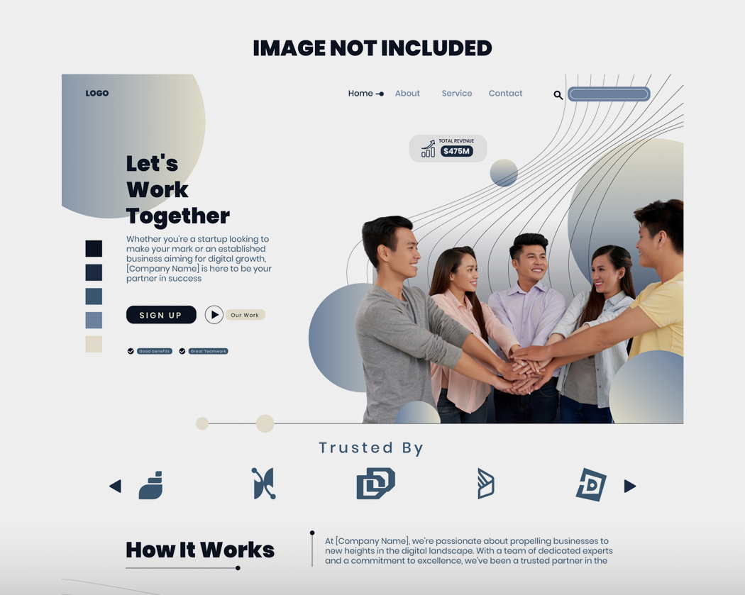 Website mockup: group of people with hands together, text 
