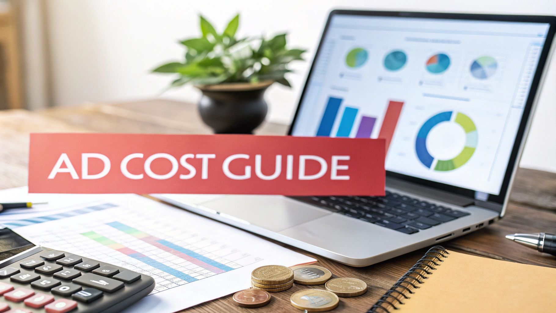 Laptop with graphs, calculator, coins, and a notepad on a wooden desk with a