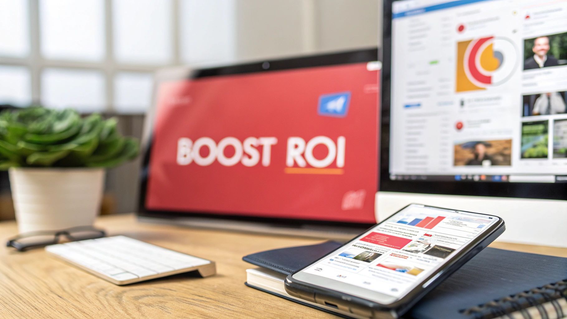 Office desk with computer, phone displaying data, 