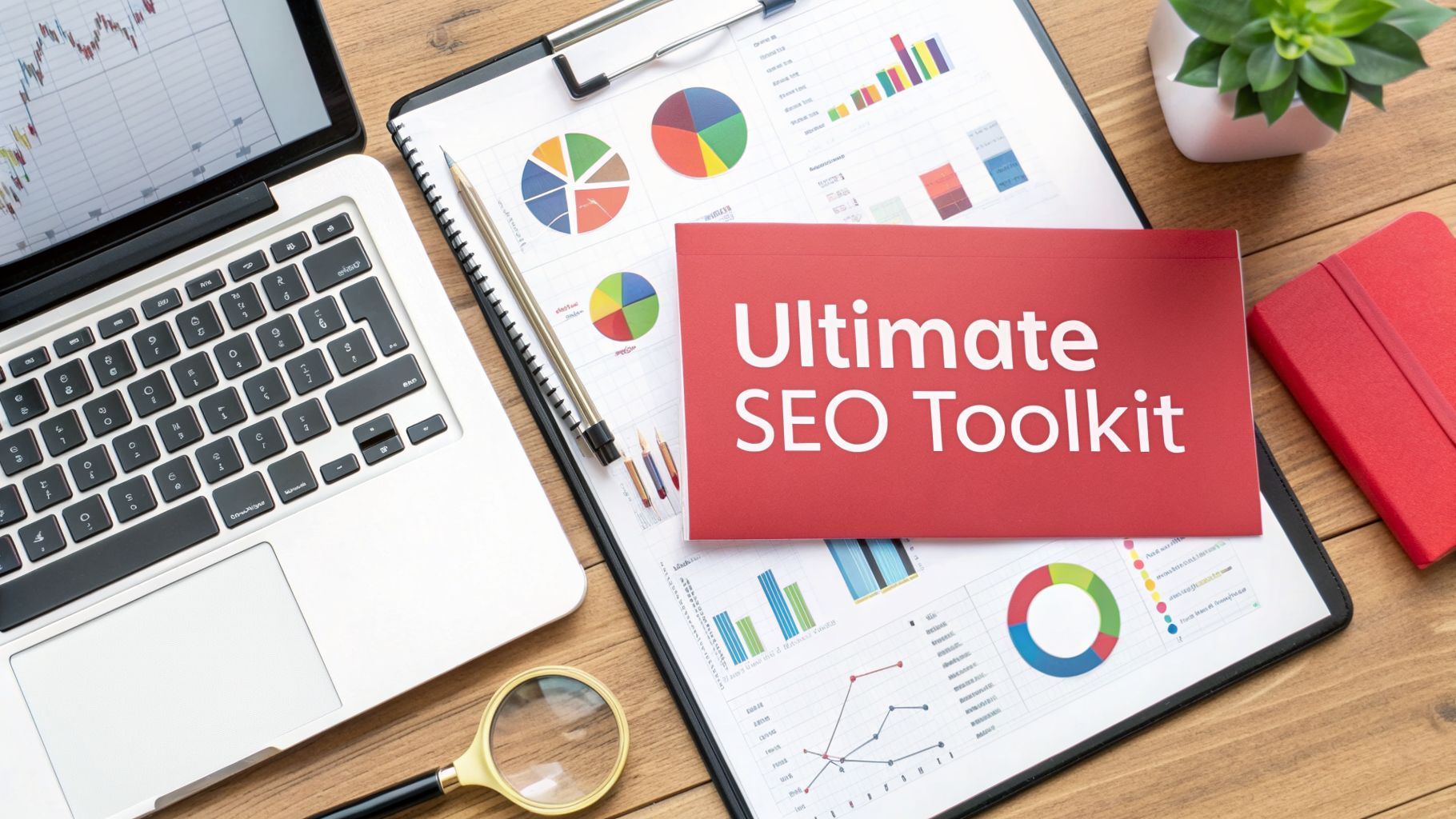 Laptop, charts, and red card with 