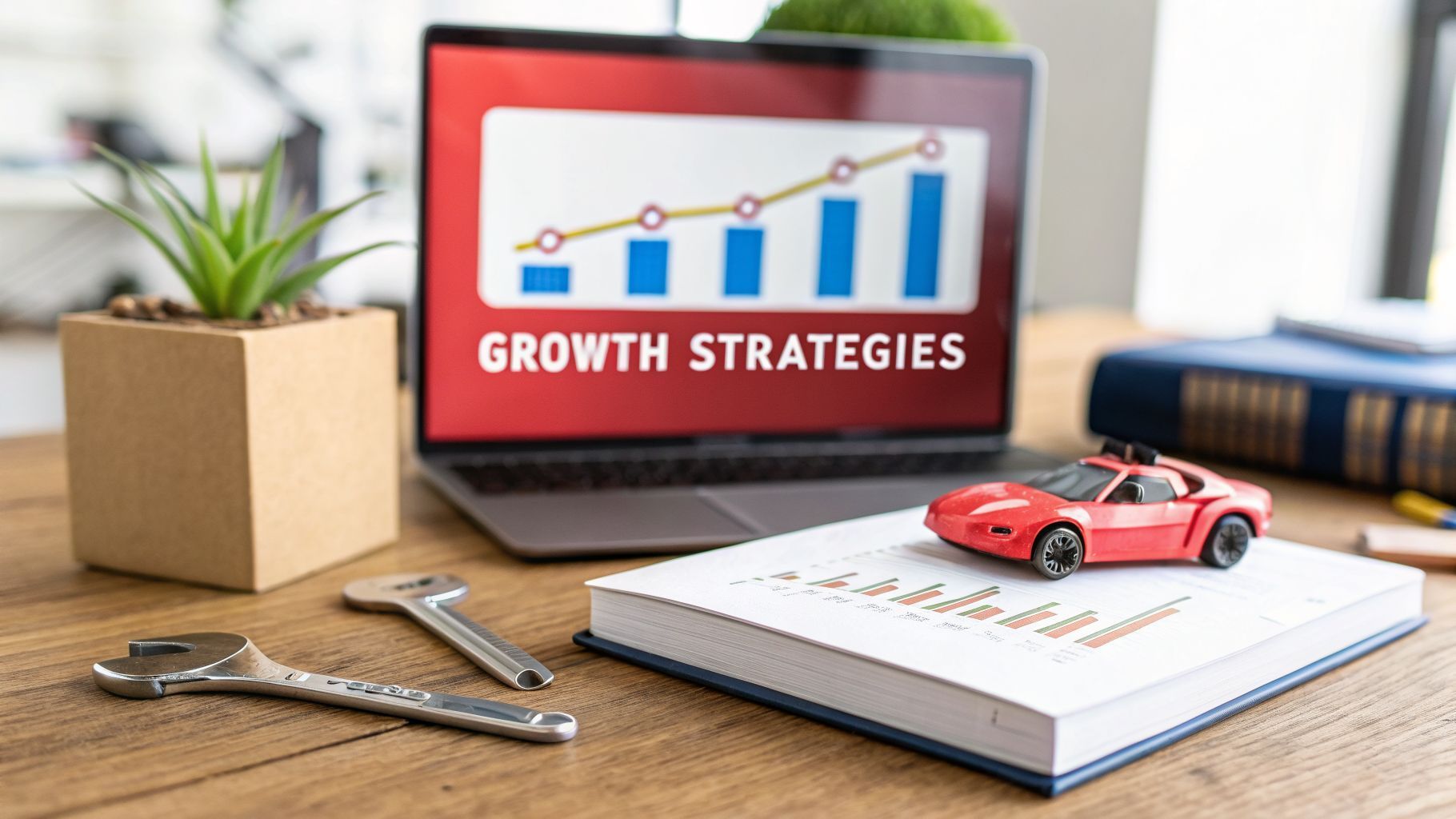 Laptop showing a growth chart, tools, toy car, and plant on a desk.