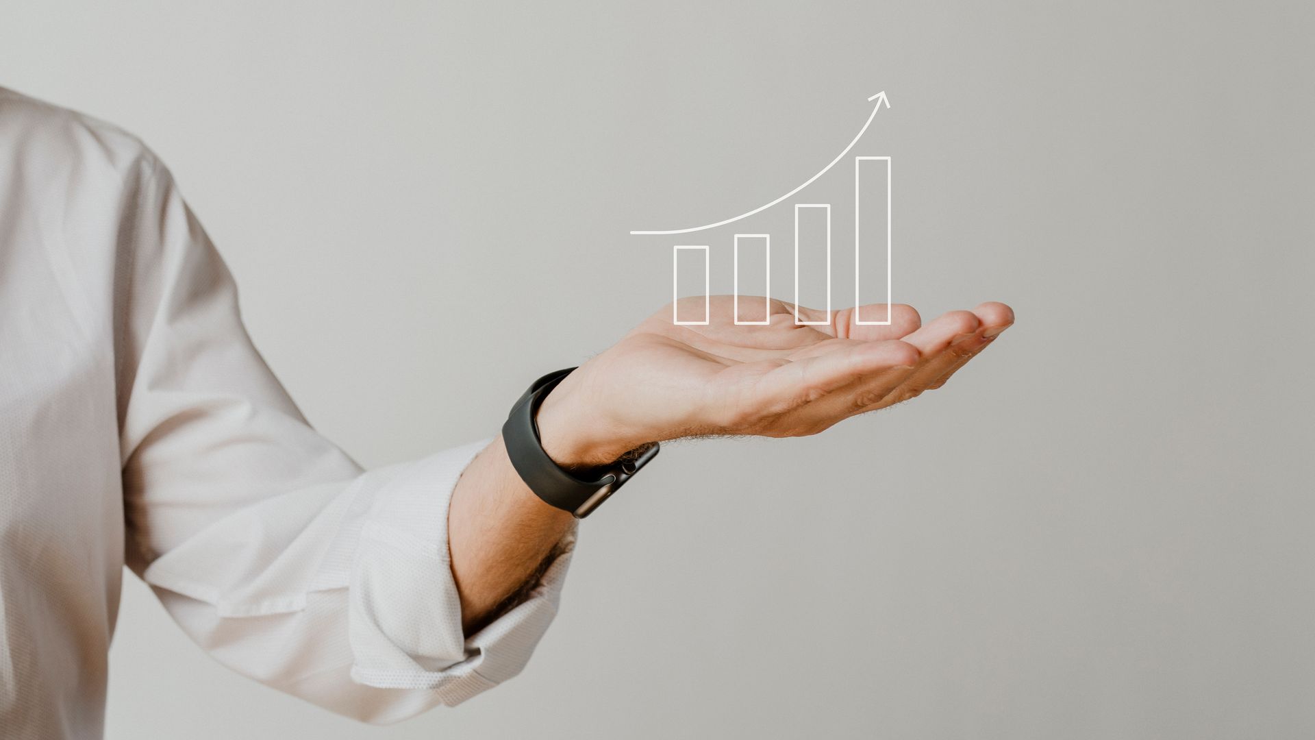 Business Man with Hand Overlay Increasing Bar Graph Business Man with Hand Overlay Increasing Bar Graph