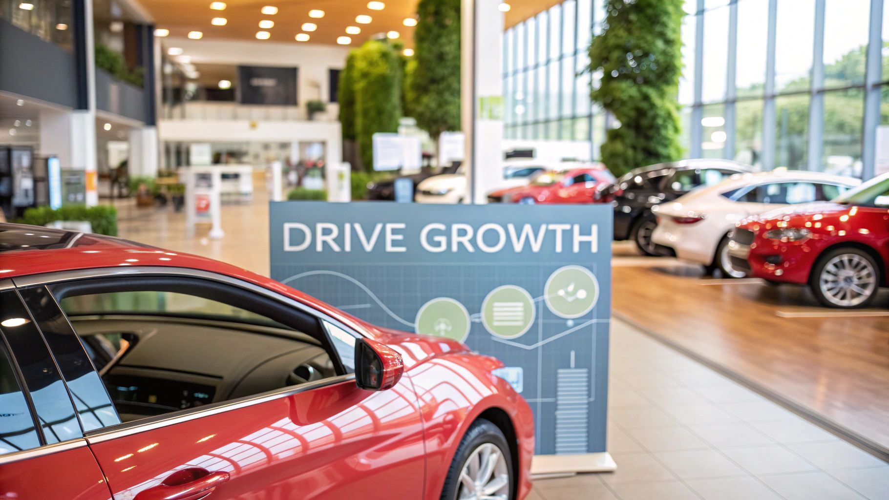 Red car in a dealership, with a 