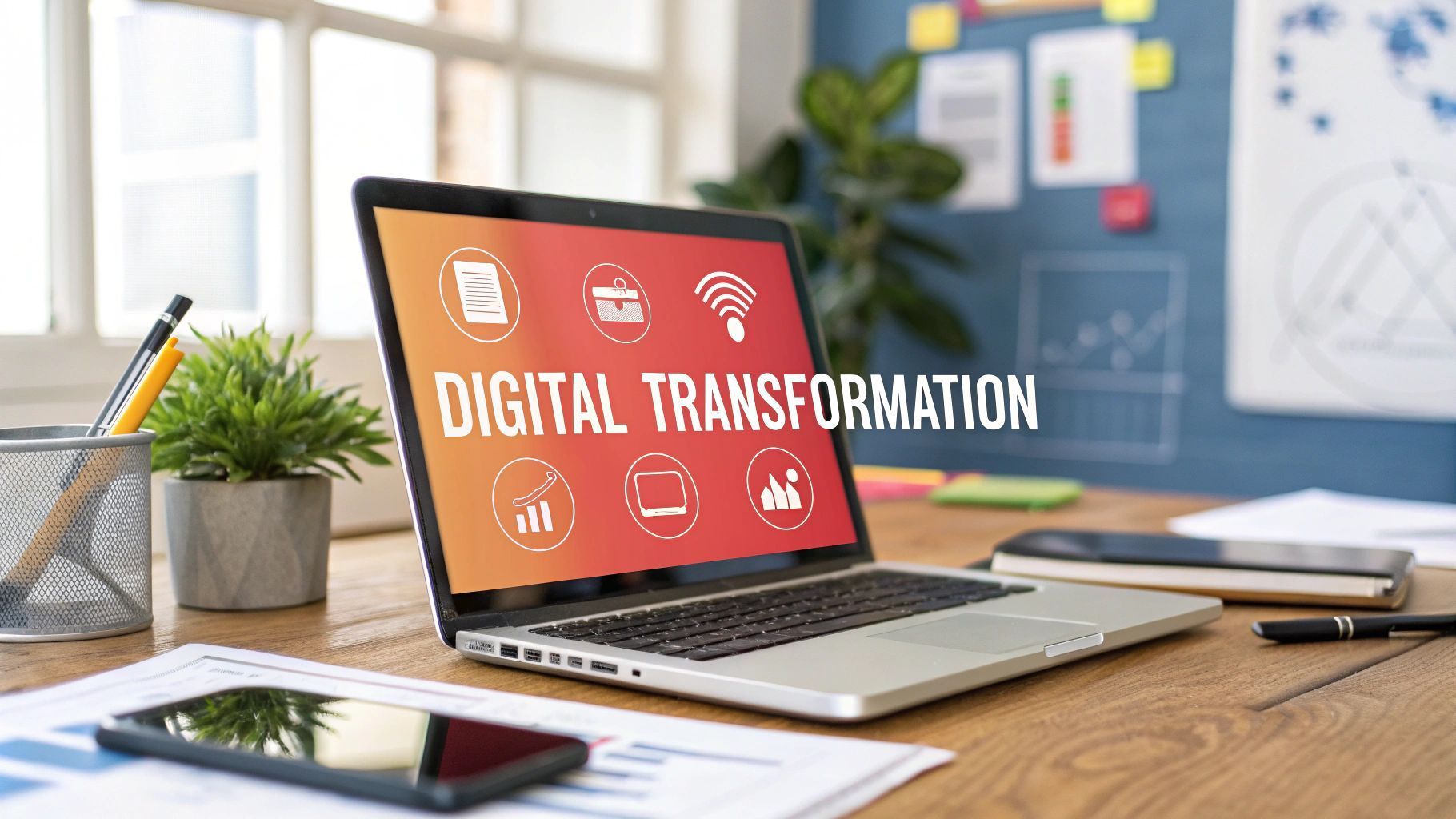 Laptop on desk displaying 