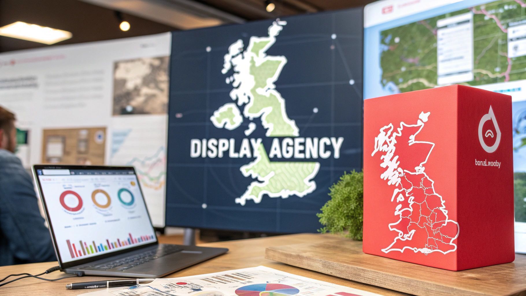 Laptop displaying charts, red box with UK map logo, and a larger map in the background; office setting.