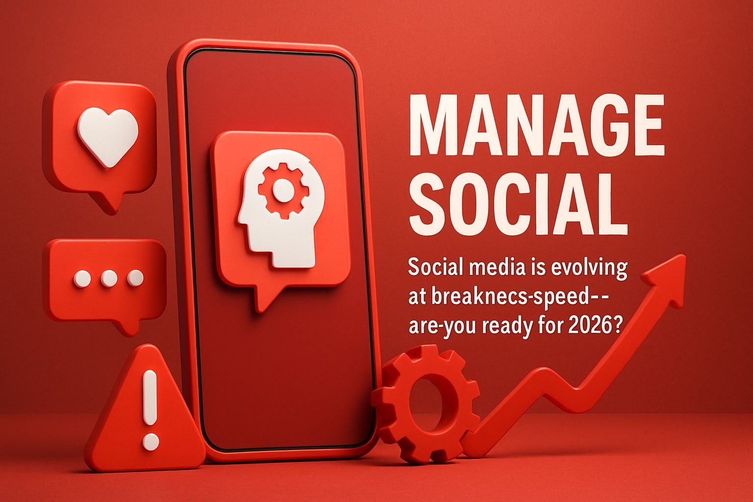 Red graphic with smartphone, speech bubbles, gear, and arrow, advertising