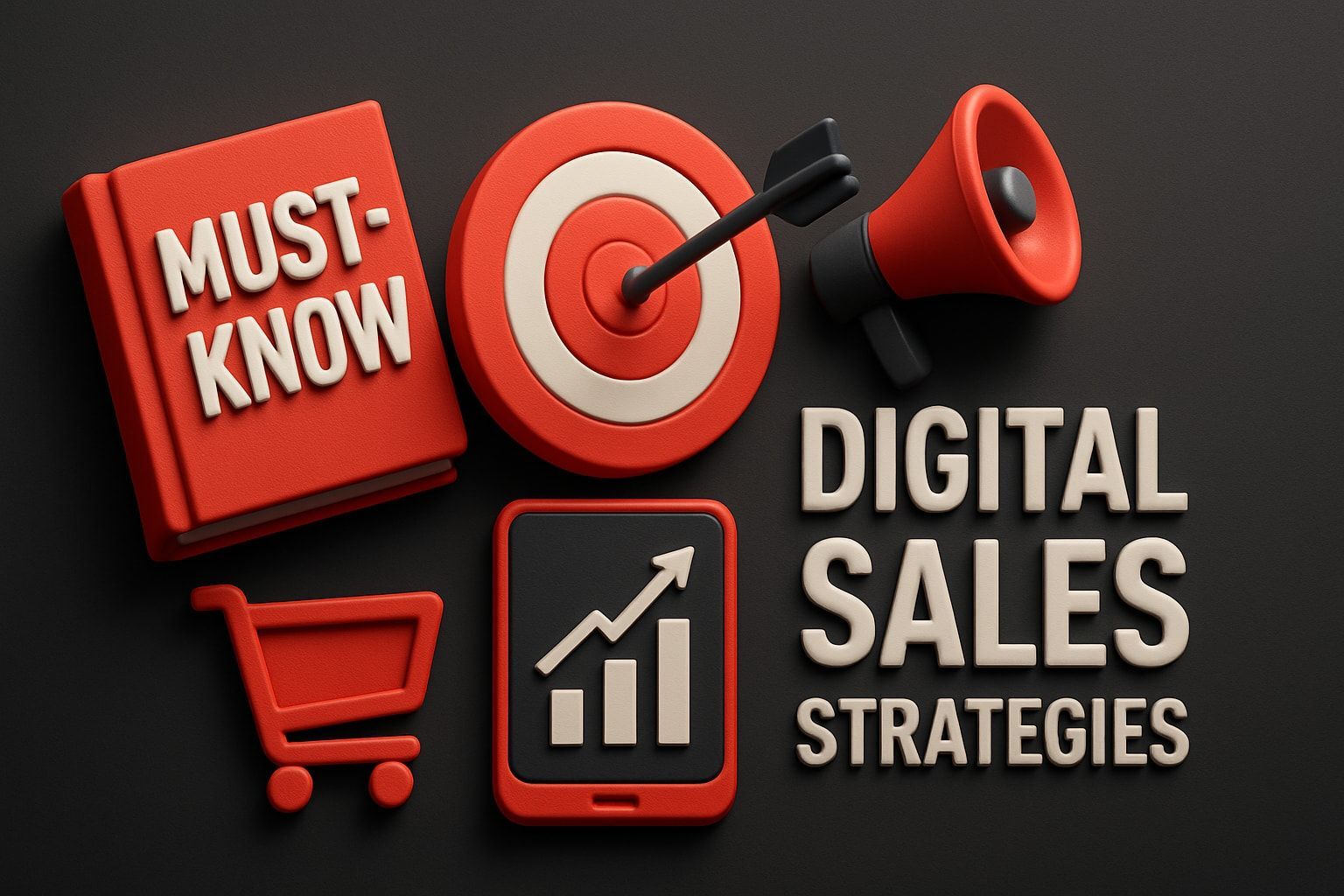 Red 3D icons: book, target, megaphone, shopping cart, chart, and text 