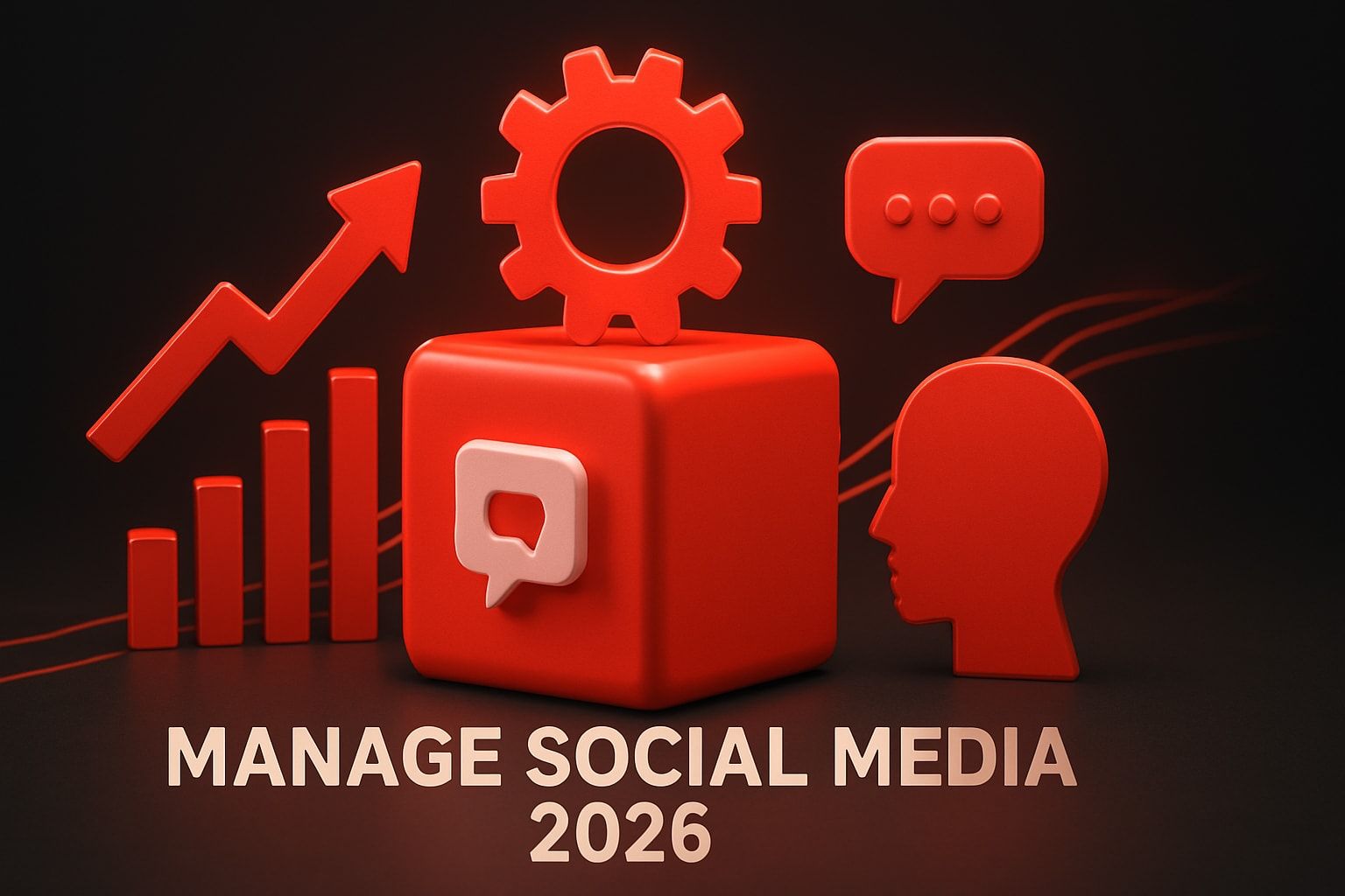 Red graphic of social media management: growth chart, speech bubbles, gear, brain, and cube, with the text 