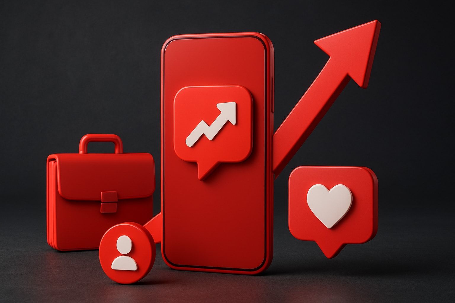 Red smartphone, briefcase, and social media icons with a rising arrow, against a dark background, suggesting growth.