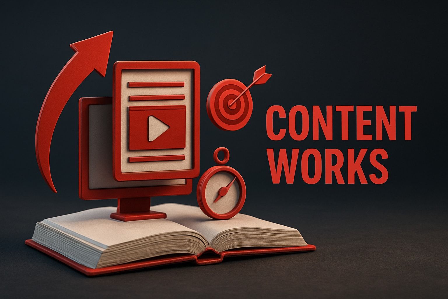 Red computer, target, compass, and open book with upward arrow, 