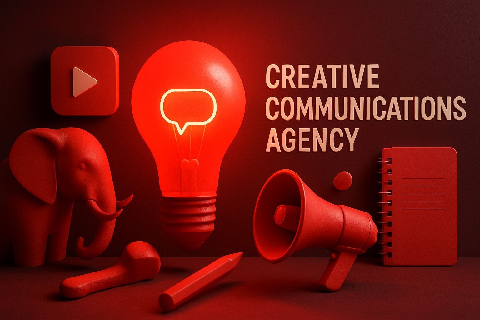 Red-toned marketing elements: elephant, megaphone, lightbulb, notebook, play button, pencil, and text 