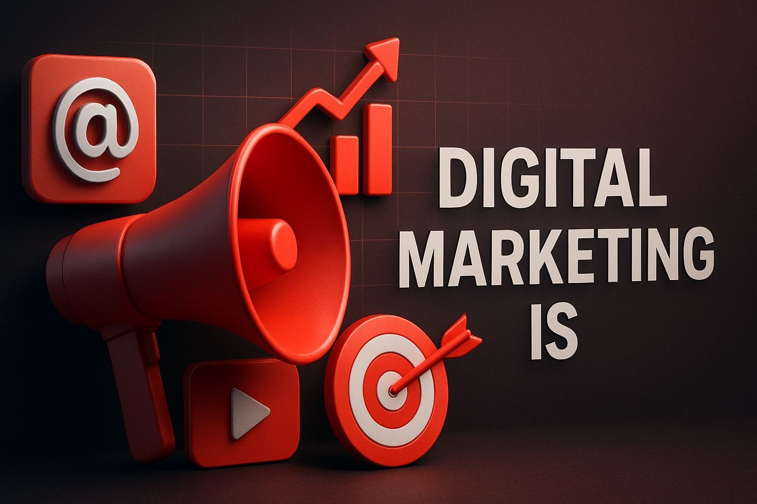 Red megaphone, email icon, graph, play button, and target with