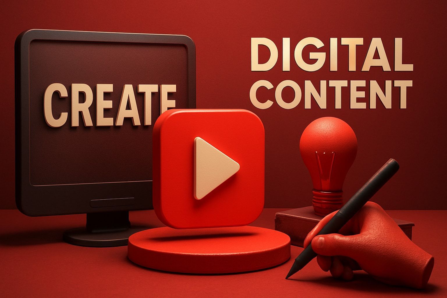 Red-themed graphic promoting digital content creation, featuring a computer screen, YouTube logo, lightbulb, and hand holding a pen.