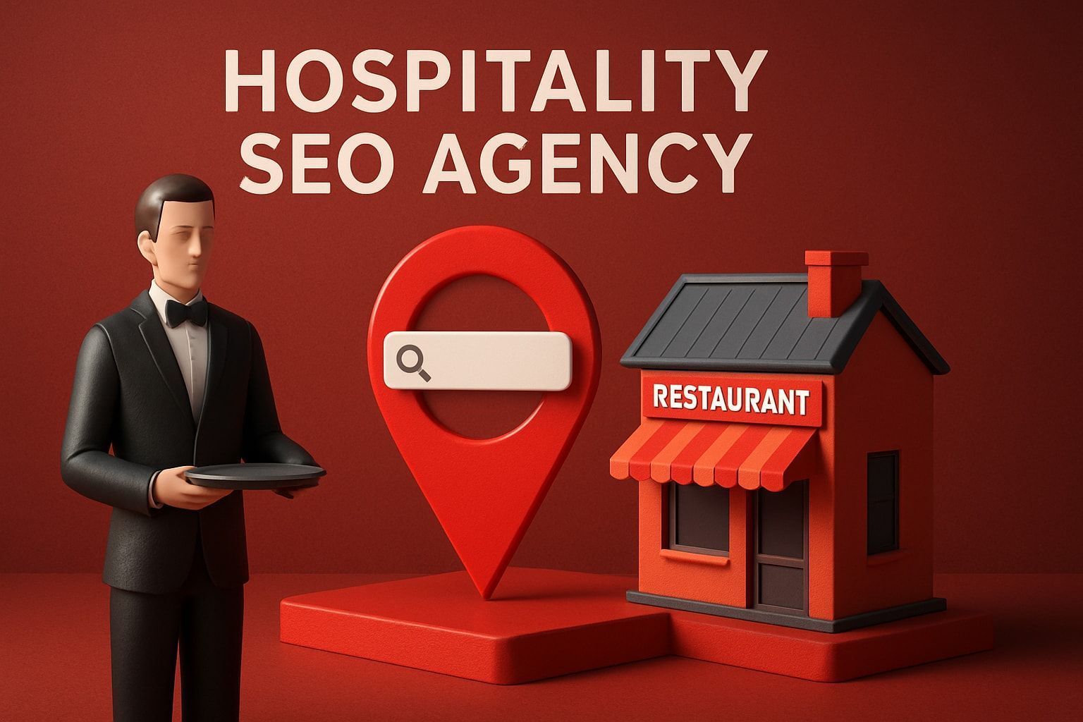 A waiter, a map pin with a search bar, and a restaurant building. 