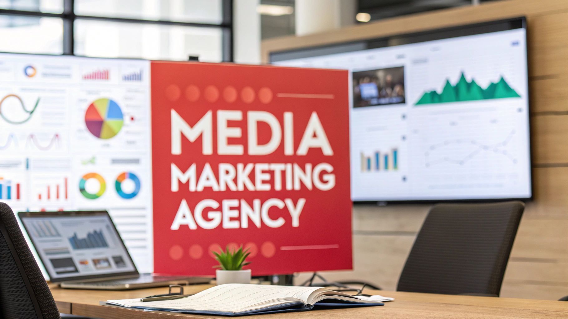 media marketing agency sign in front of a computer screen