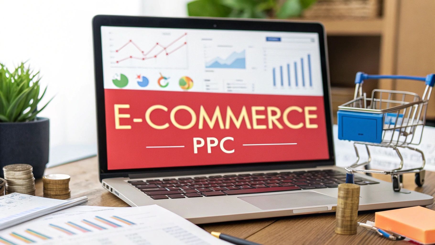 Laptop screen displaying e-commerce PPC data with a miniature shopping cart; money and documents are on the table.