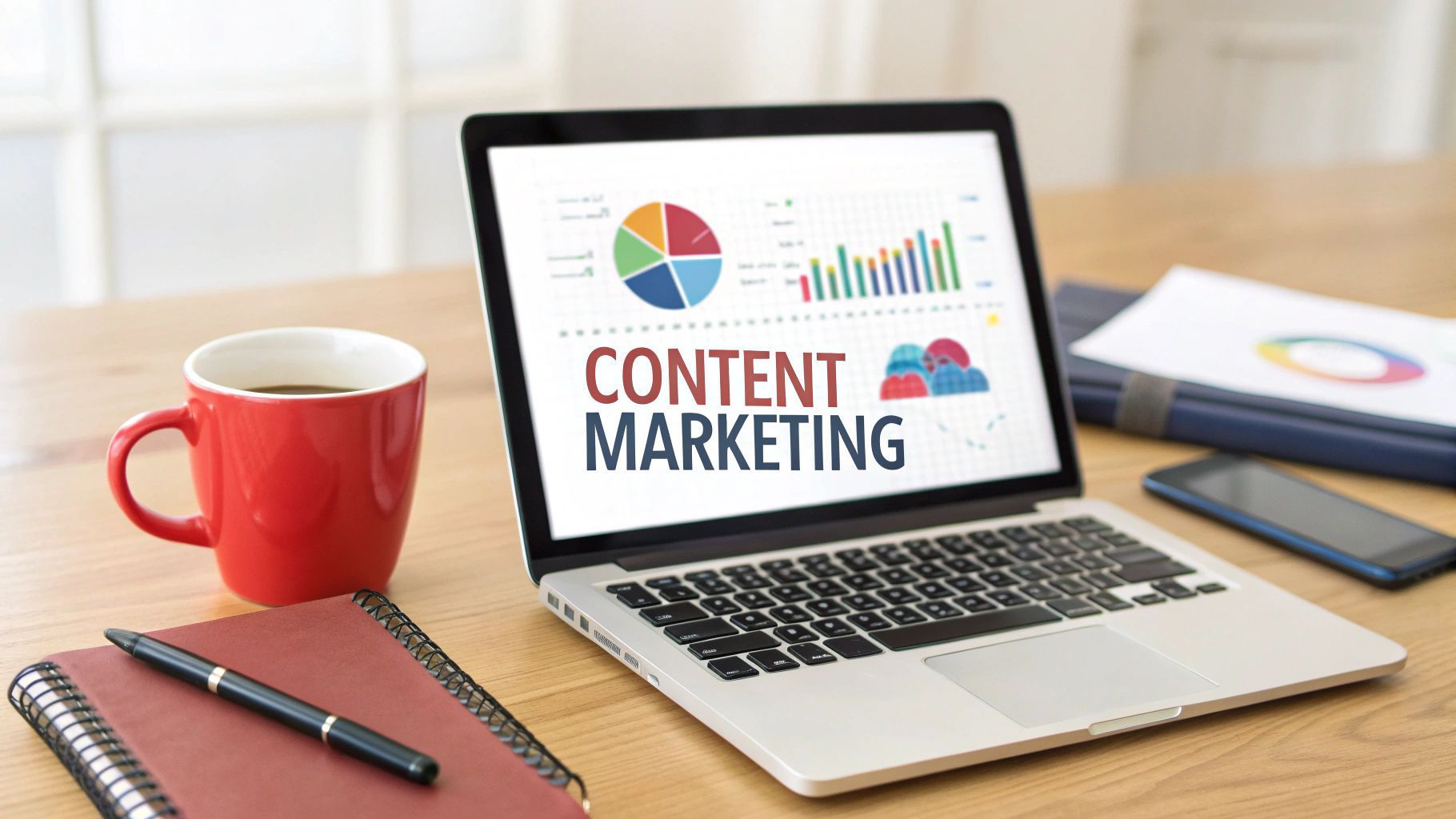 laptop with content marketing a cup of coffee note bookand pen