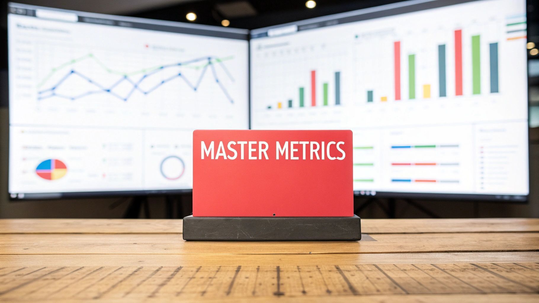 Two computer screen with diagrams and graphs on and a master metrics sign in front of them
