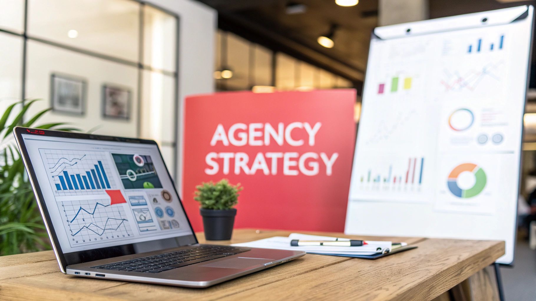 Laptop showing data, agency strategy sign, and charts on a wooden desk in an office.