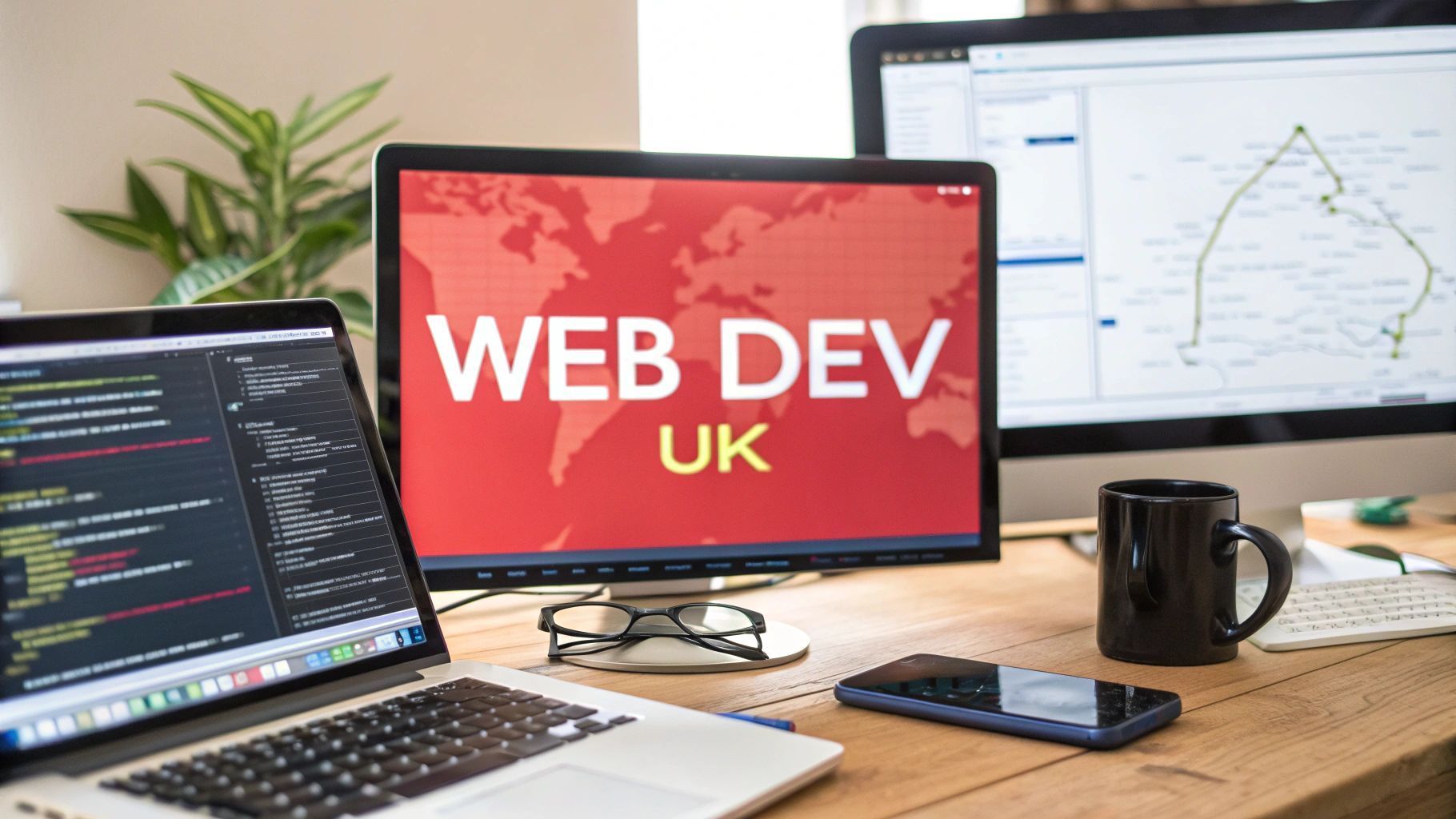 Laptop and monitors displaying code,