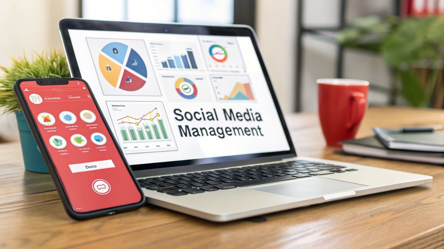 Laptop and phone on desk displaying social media analytics; charts, graphs, and app icons.