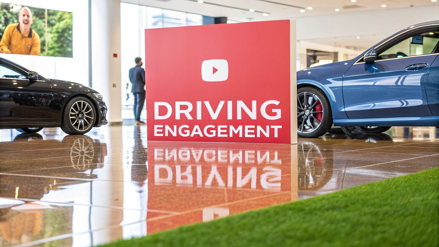 A blue car and a balck car with a red sign with a white play icon on it in the middle of them