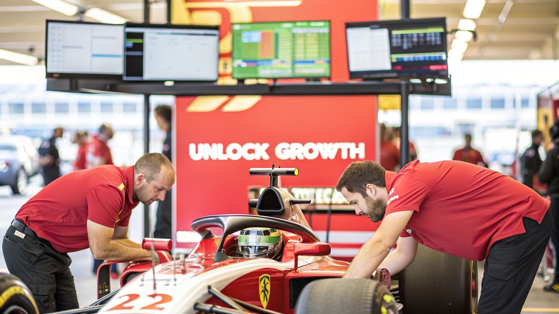 Two mechanics in red shirts work on a red Ferrari race car in a garage, with monitors overhead.