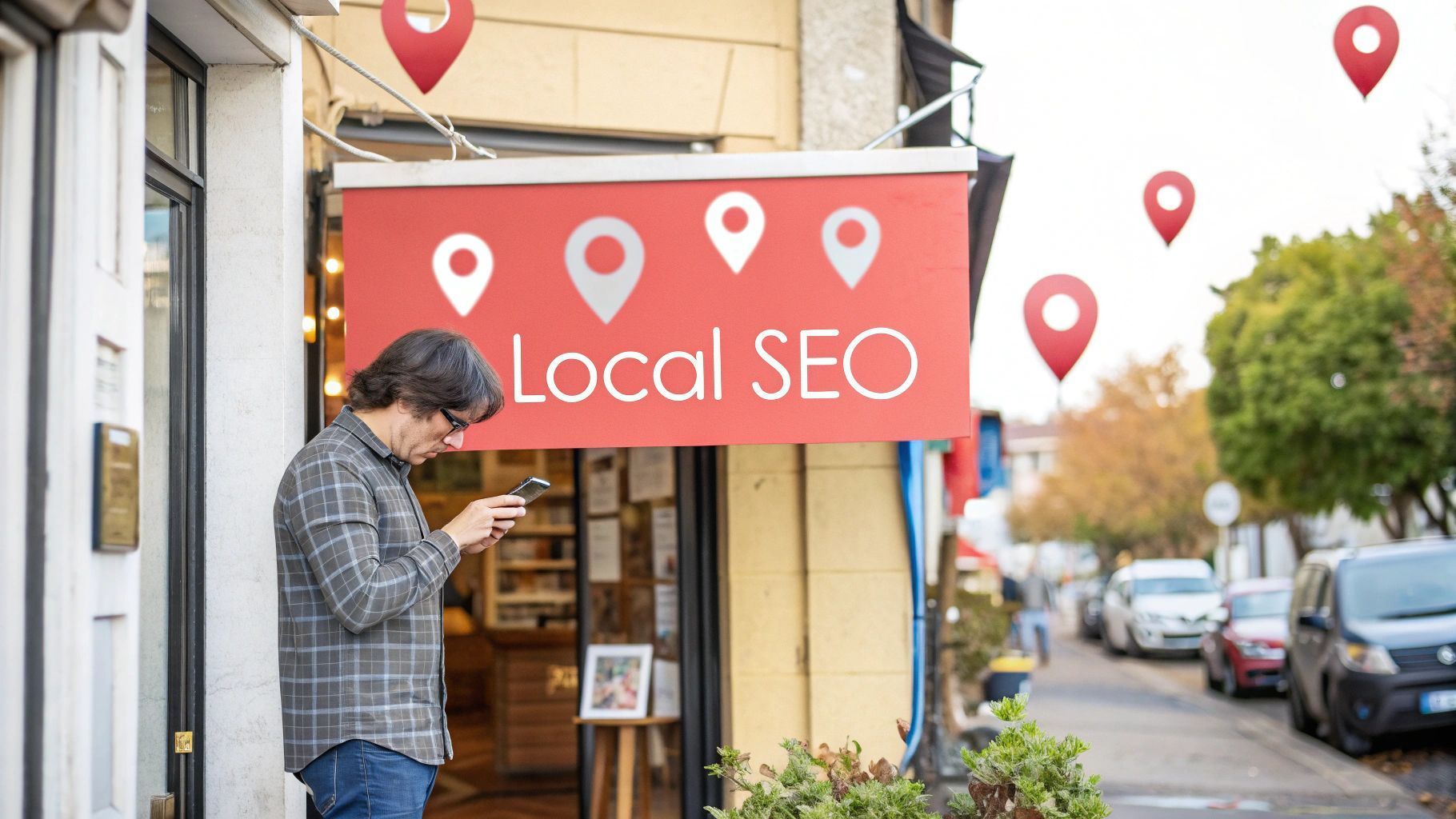 Man looking at phone outside a shop with a 
