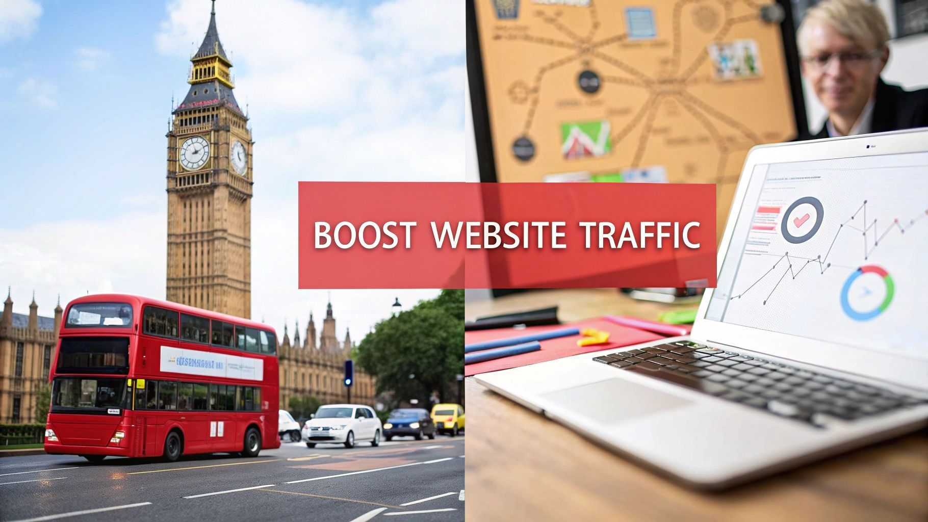 Big Ben and a double-decker bus, next to a laptop displaying website data and a woman in the background.