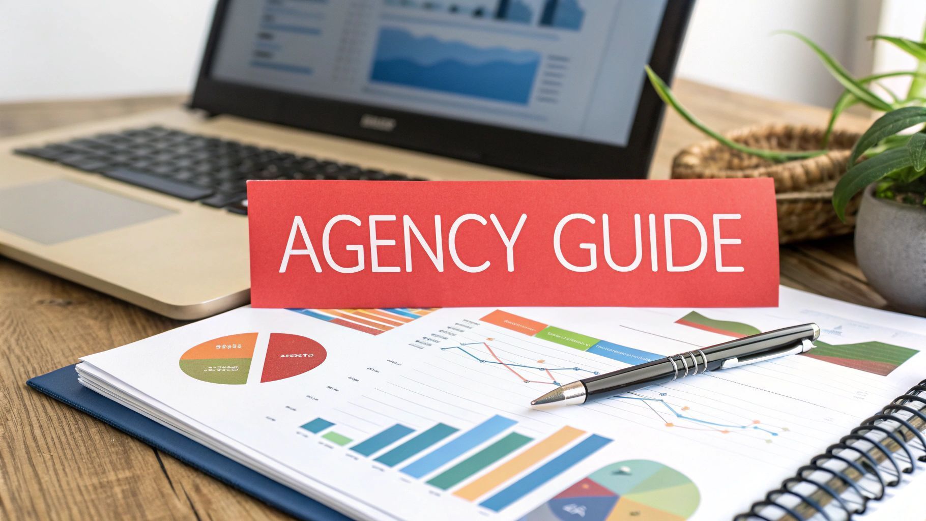 Laptop, agency guide, and charts on desk.