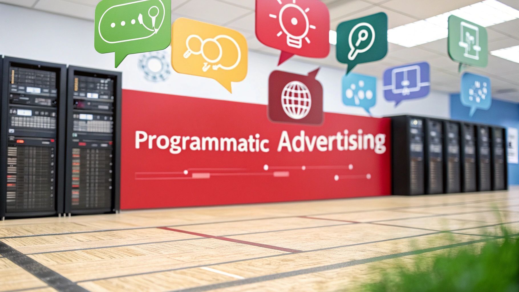 Server racks and speech bubbles with icons above text that reads