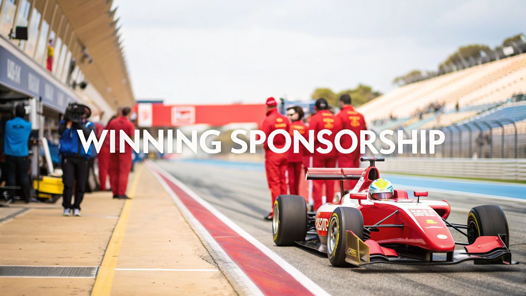 Race car on track with team in red uniforms; text says