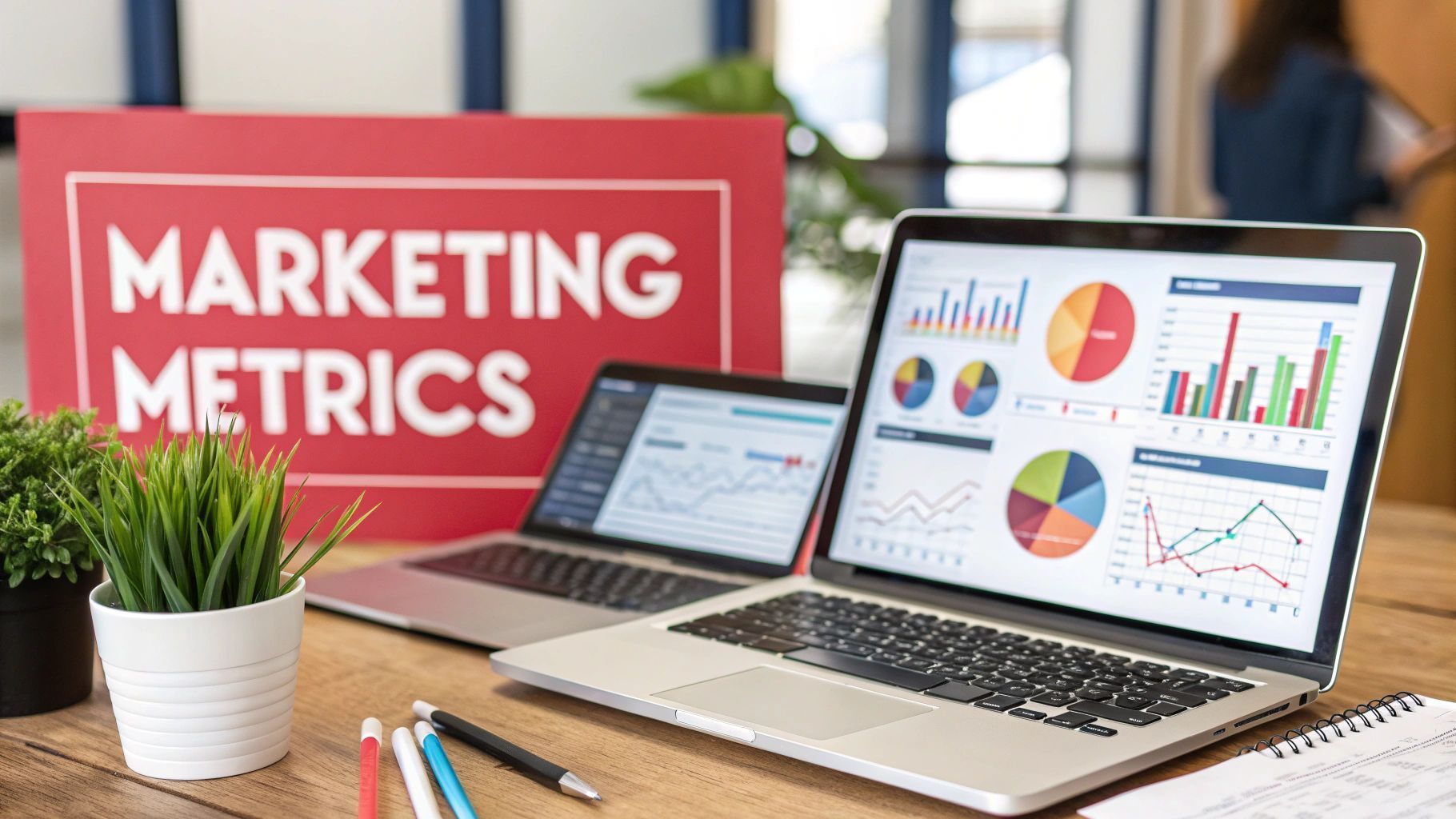 Two laptops displaying charts and graphs, set on a wooden desk with a 