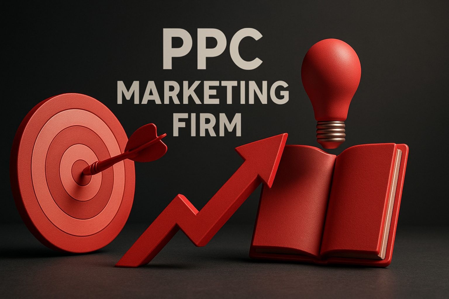 Red target with arrow, growing arrow, open book, and lightbulb with 