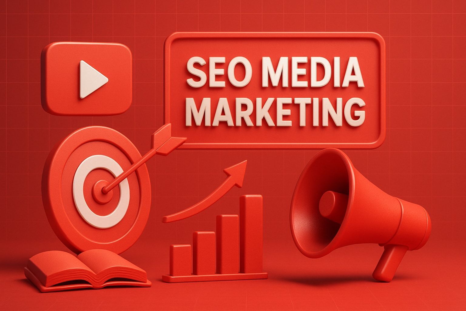 Red illustration of SEO media marketing elements: YouTube icon, bullseye, graph, megaphone, open book.