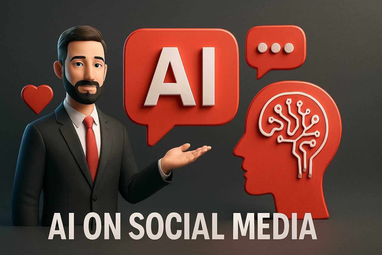 Man presenting AI on social media with a brain, speech bubbles, and a heart. Red, black background.