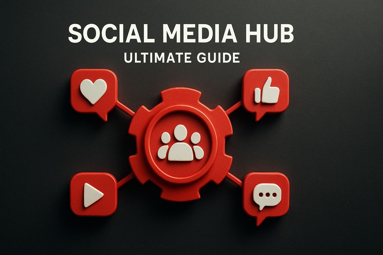 Red social media hub graphic with icons for like, comment, play, and heart, on a dark background.