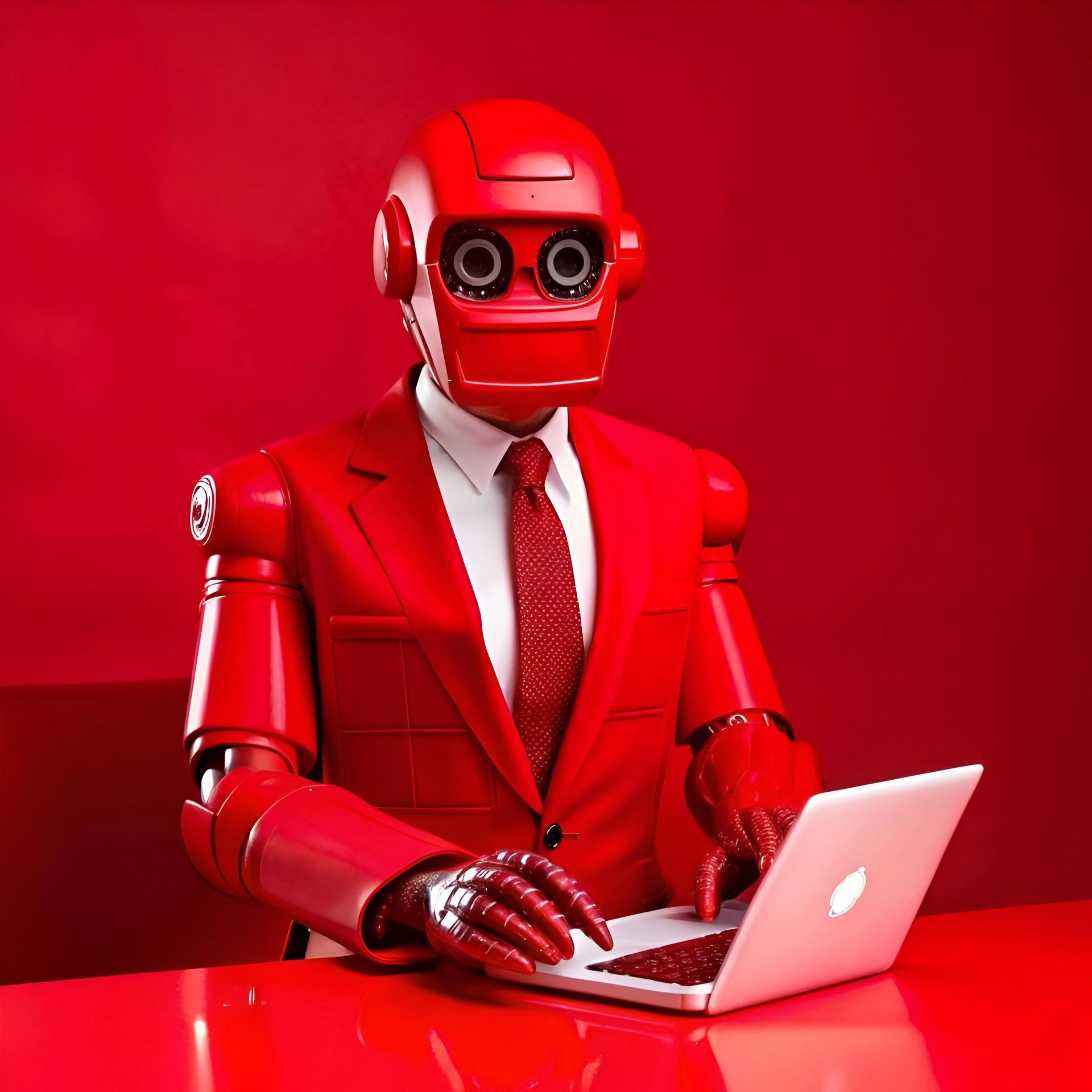 A red robot in a suit and tie is typing on a laptop