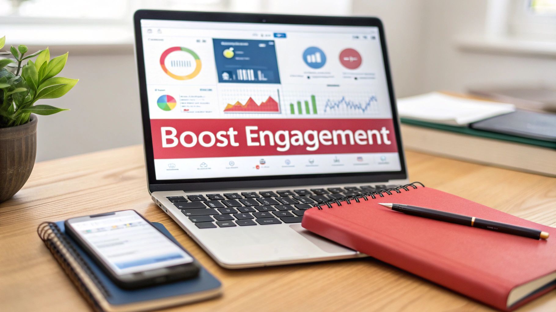 Laptop on desk displaying data charts with 
