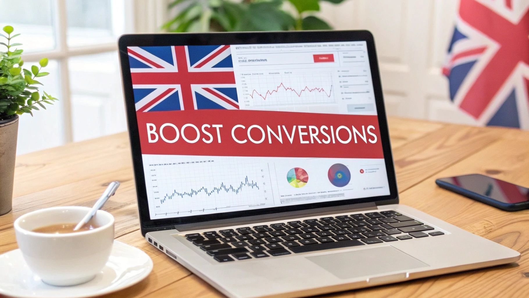 Laptop screen with British flag and 