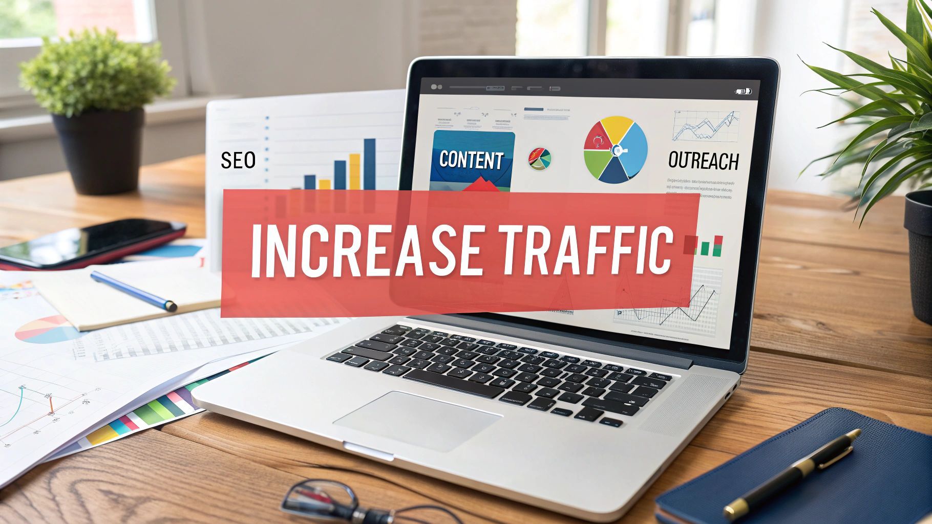 Laptop on desk with charts, text overlay 