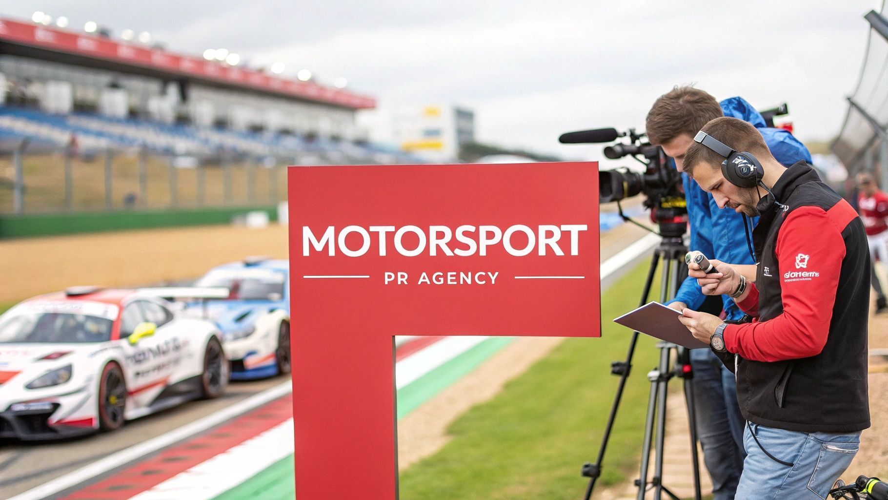 Two men filming at a racetrack, near a red