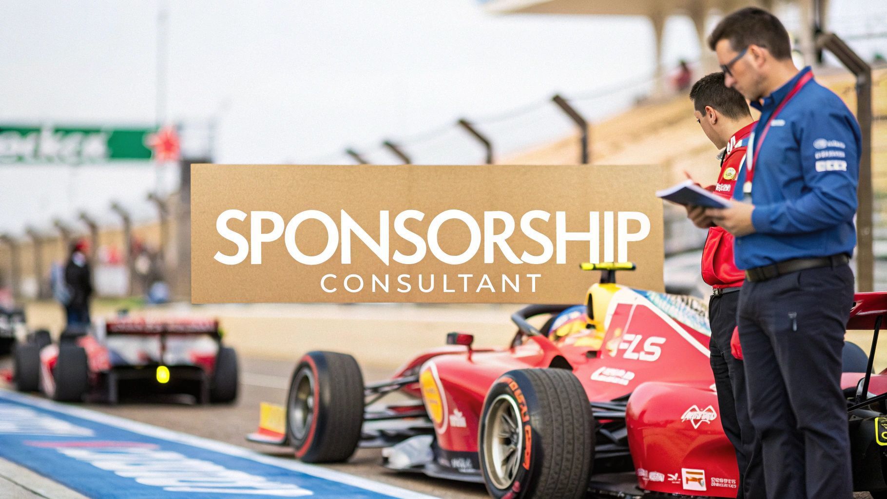 Motorsport sponsorship consultant with red open wheel race car and engineers